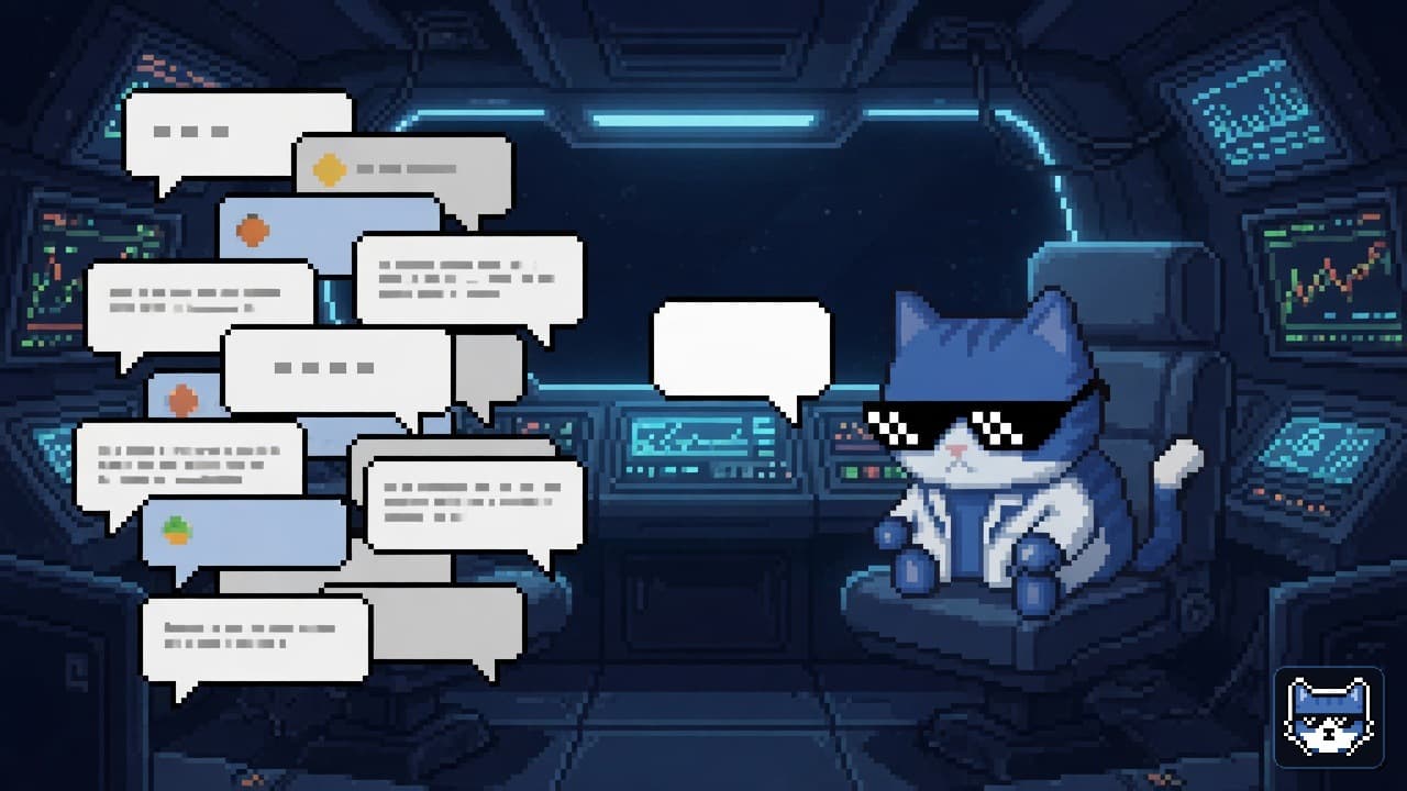 Blue Chatito cat posts one clean empty bubble beside a swarm of messy chat